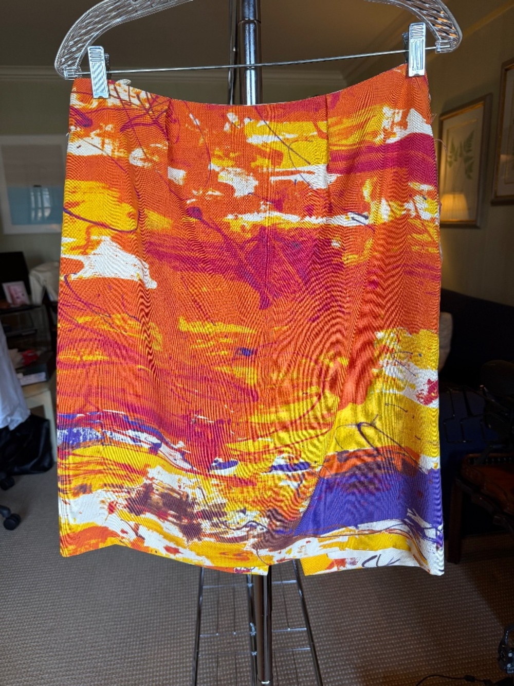 Yves Saint Laurent Orange Silk Abstract Print Midi Skirt Size 12